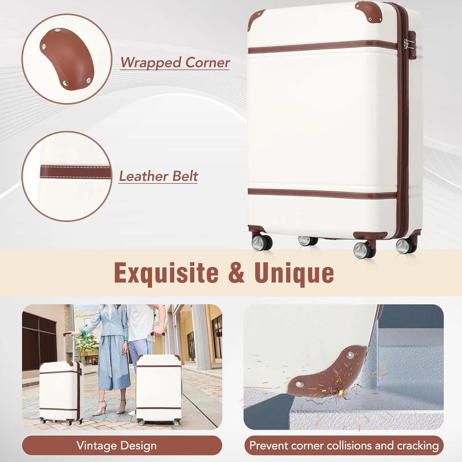 Merax 28 IN Luggage Set with Spinner Wheels, Expanded Suitcase with TSA Lock, Lightweight Vintage Luggage (White)