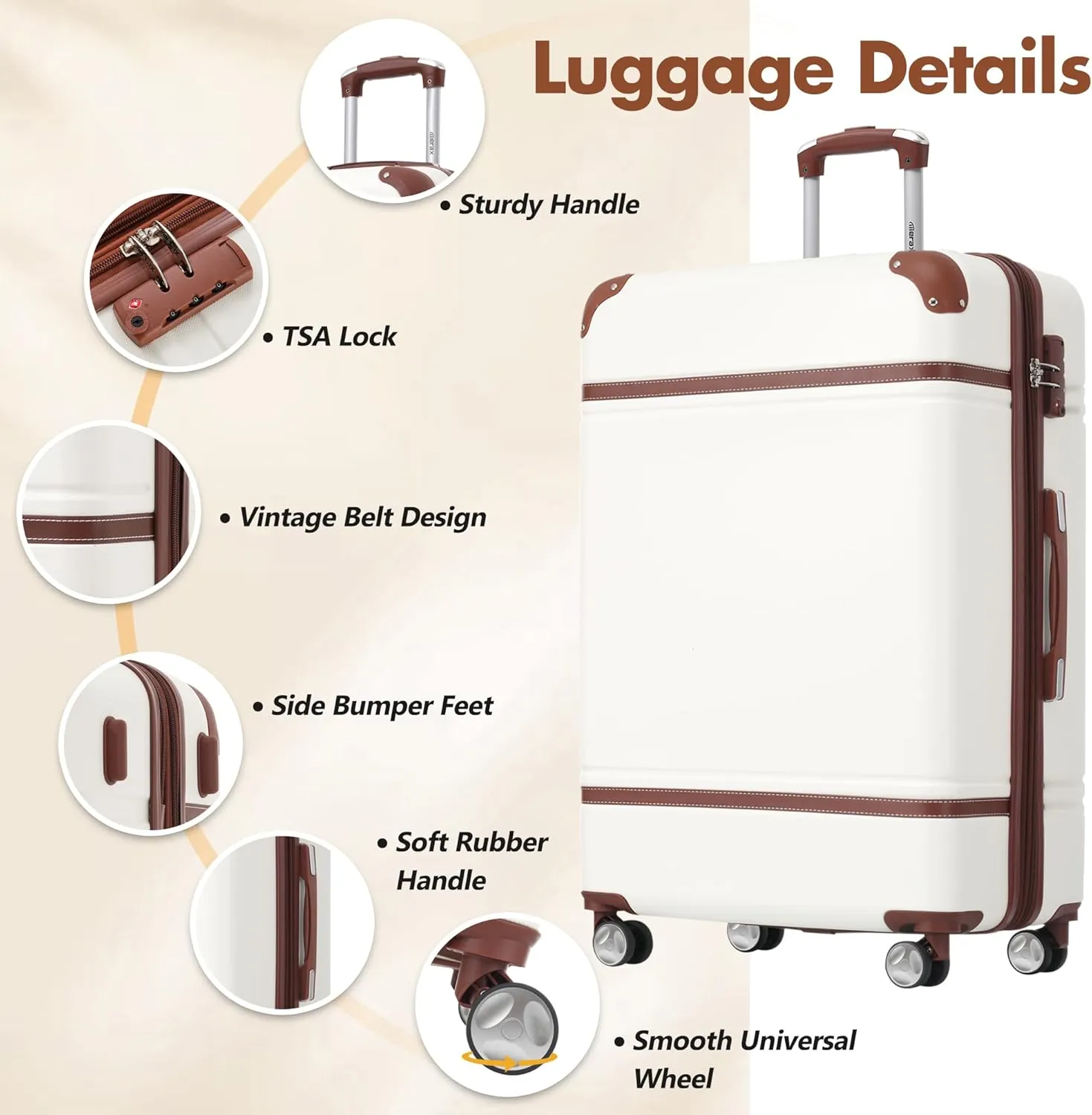 Merax 28 IN Luggage Set with Spinner Wheels, Expanded Suitcase with TSA Lock, Lightweight Vintage Luggage (White)