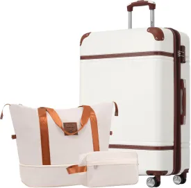 Merax 28 IN Luggage Set with Spinner Wheels, Expanded Suitcase with TSA Lock, Lightweight Vintage Luggage (White)