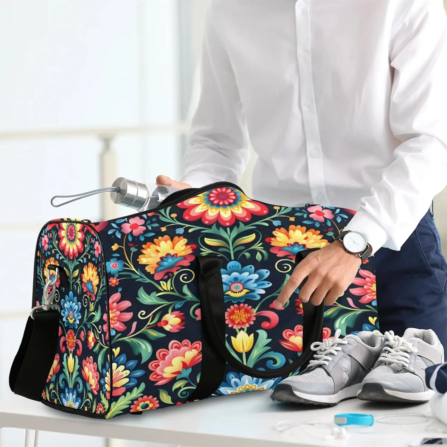 Mexico Otomi Style Floral Travel Duffle Bag, Sports Gym Bags for Women Men, Carry On Weekender Overnight Workout Airplane Trips Bag