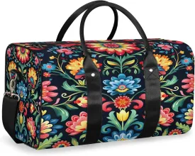 Mexico Otomi Style Floral Travel Duffle Bag, Sports Gym Bags for Women Men, Carry On Weekender Overnight Workout Airplane Trips Bag