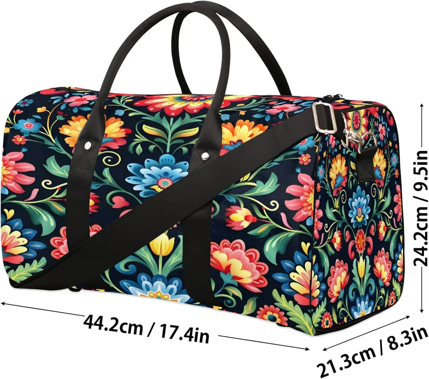Mexico Otomi Style Floral Travel Duffle Bag, Sports Gym Bags for Women Men, Carry On Weekender Overnight Workout Airplane Trips Bag