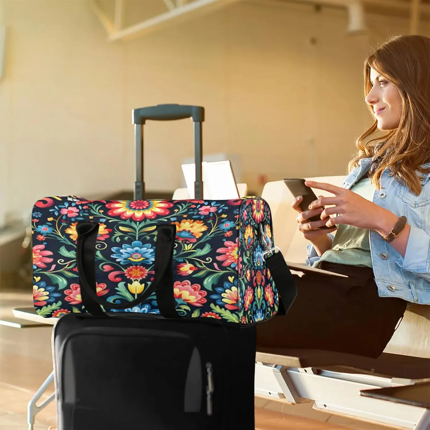 Mexico Otomi Style Floral Travel Duffle Bag, Sports Gym Bags for Women Men, Carry On Weekender Overnight Workout Airplane Trips Bag