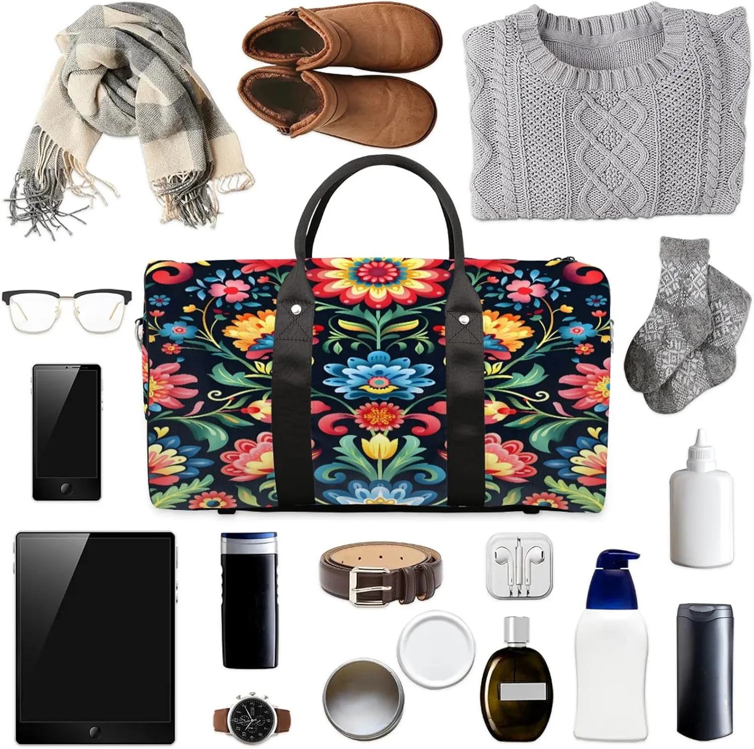 Mexico Otomi Style Floral Travel Duffle Bag, Sports Gym Bags for Women Men, Carry On Weekender Overnight Workout Airplane Trips Bag