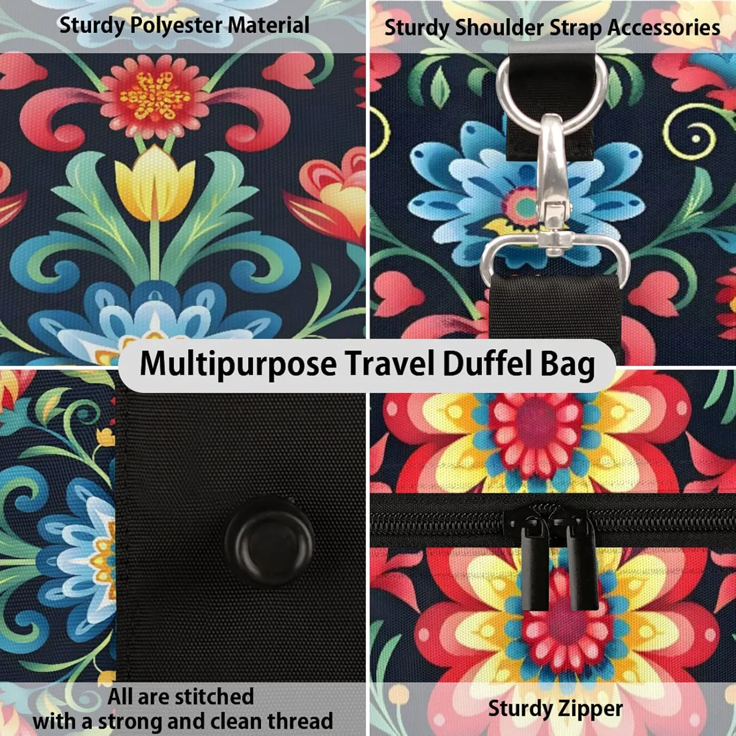 Mexico Otomi Style Floral Travel Duffle Bag, Sports Gym Bags for Women Men, Carry On Weekender Overnight Workout Airplane Trips Bag
