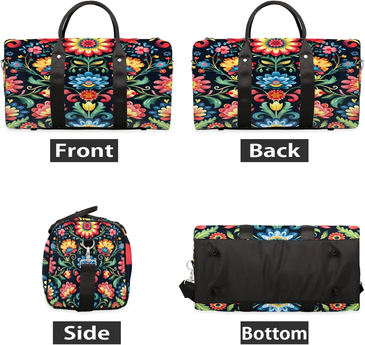 Mexico Otomi Style Floral Travel Duffle Bag, Sports Gym Bags for Women Men, Carry On Weekender Overnight Workout Airplane Trips Bag