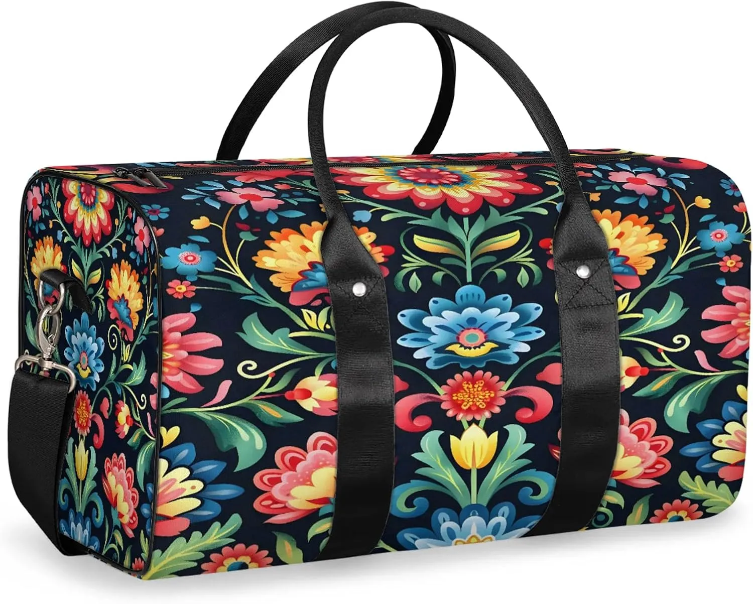 Mexico Otomi Style Floral Travel Duffle Bag, Sports Gym Bags for Women Men, Carry On Weekender Overnight Workout Airplane Trips Bag