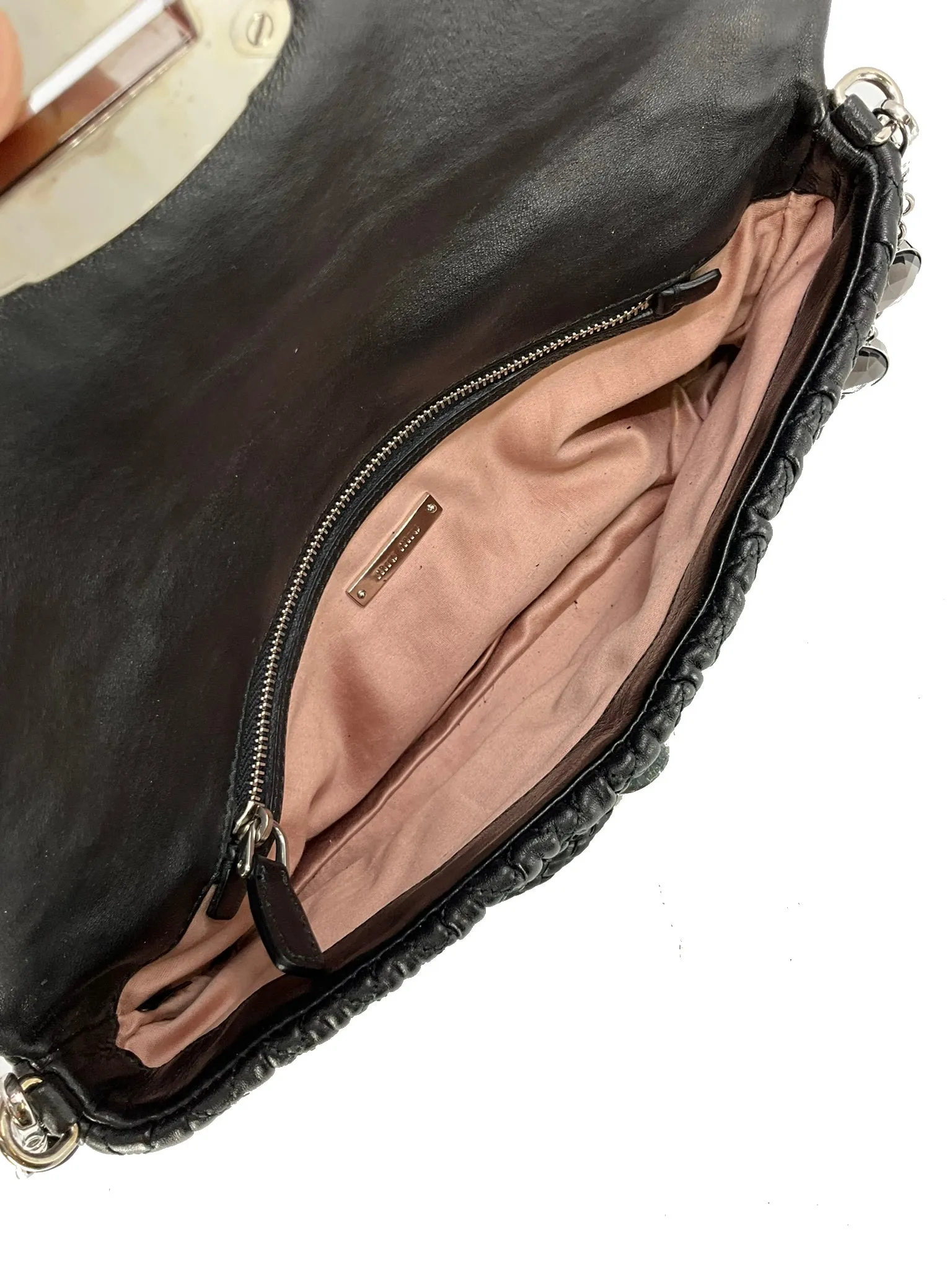 Miu Miu Cloqué Nappa Leather Crystal Flap Bag