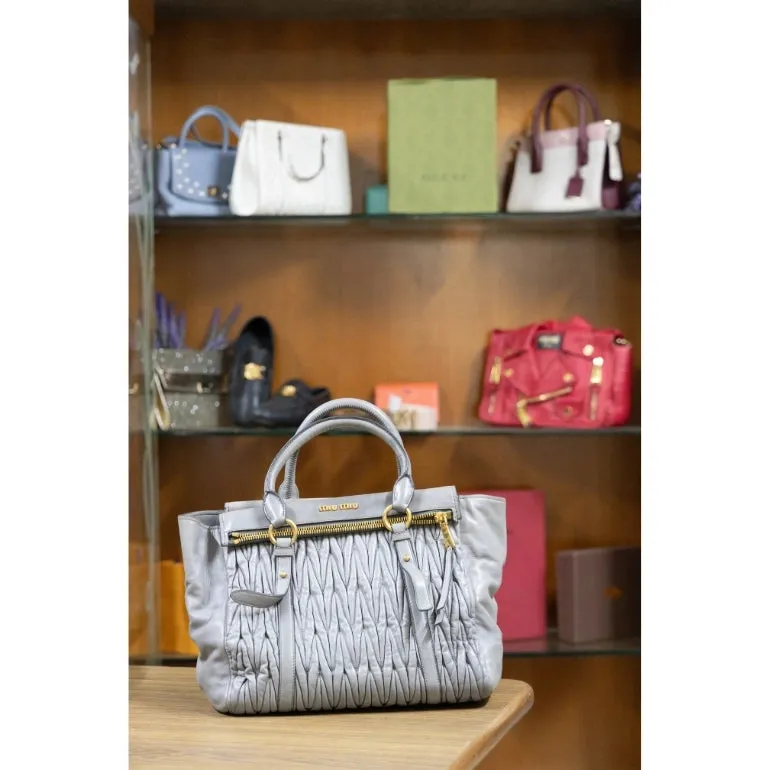 Miu Miu Grey Gathered Leather To Zip Tote
