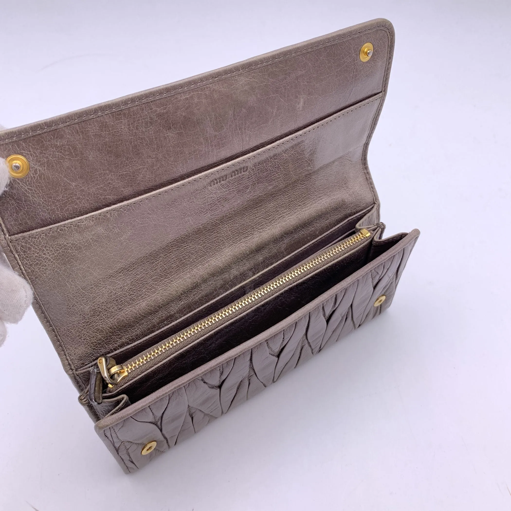 Miu Miu Taupe Matelassé Leather Continental Flap Wallet Purse