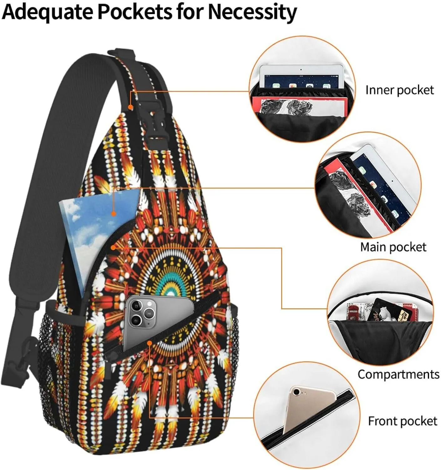 Native American Indian Sling Backpack Chest Bag Crossbody Shoulder Bag Gym Cycling Travel Hiking Daypack For Men Women