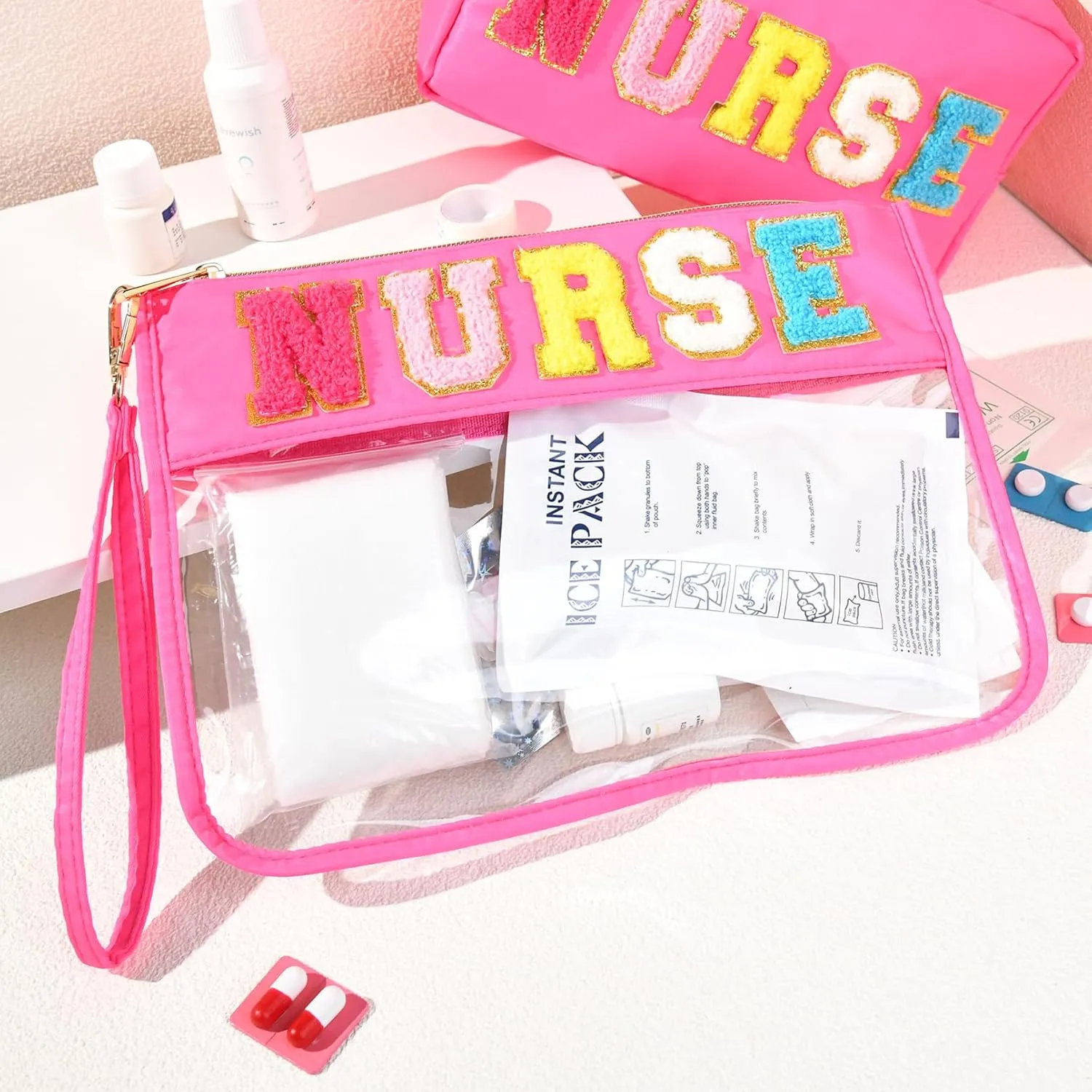 Nurse Makeup Bag Nurse Appreciation Week Gift for Women Clear Chenille Letter Cosmetic Bag Waterproof Zipper Pouch Travel Toiletry Organizer, Survival Kit Storage Accessories Pouch