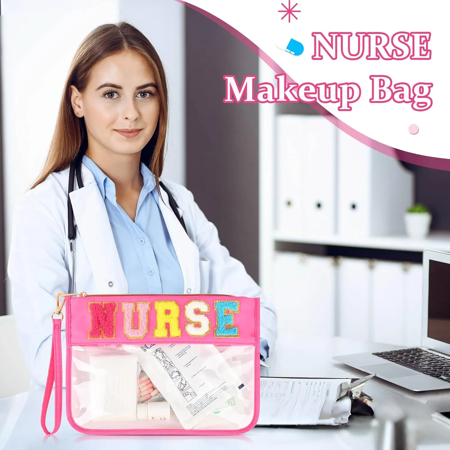 Nurse Makeup Bag Nurse Appreciation Week Gift for Women Clear Chenille Letter Cosmetic Bag Waterproof Zipper Pouch Travel Toiletry Organizer, Survival Kit Storage Accessories Pouch