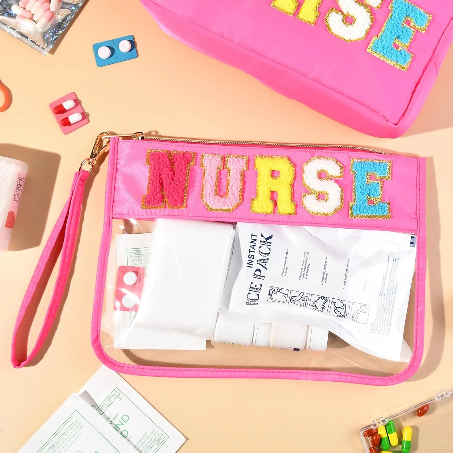Nurse Makeup Bag Nurse Appreciation Week Gift for Women Clear Chenille Letter Cosmetic Bag Waterproof Zipper Pouch Travel Toiletry Organizer, Survival Kit Storage Accessories Pouch