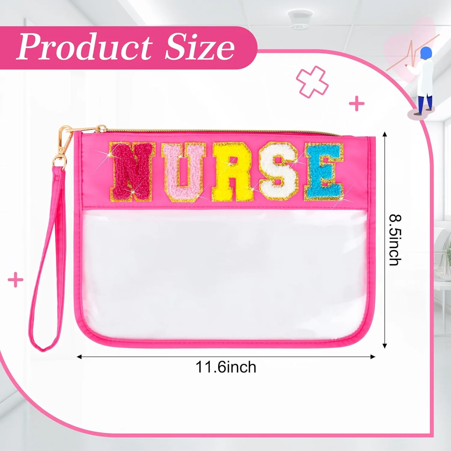 Nurse Makeup Bag Nurse Appreciation Week Gift for Women Clear Chenille Letter Cosmetic Bag Waterproof Zipper Pouch Travel Toiletry Organizer, Survival Kit Storage Accessories Pouch