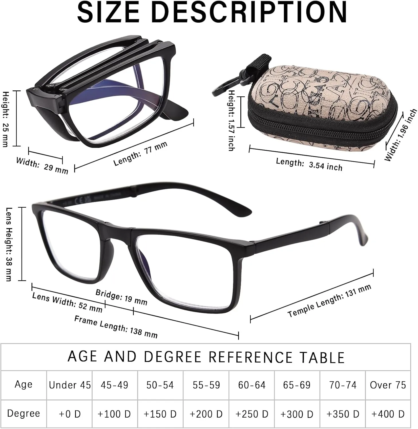 OPTOFENDY Folding Reading Glasses for Women Men, Small Spring Hinge Readers, Portable Blue Light Glasses with Zipper Case