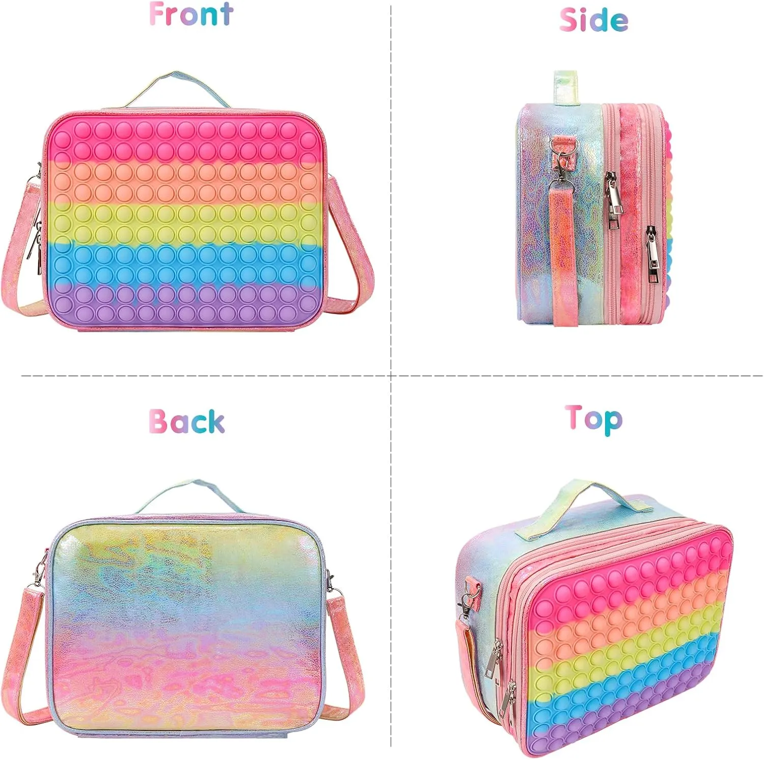 Pop Lunch Box for Girls Kids Insulated Lunch Bag, Rainbow Push Bubble Girls Lunch Boxes for School Supplies Office, Leakproof Cooler Lunch Tote Bag with Adjustable Strap, Birthday Back to School Gifts