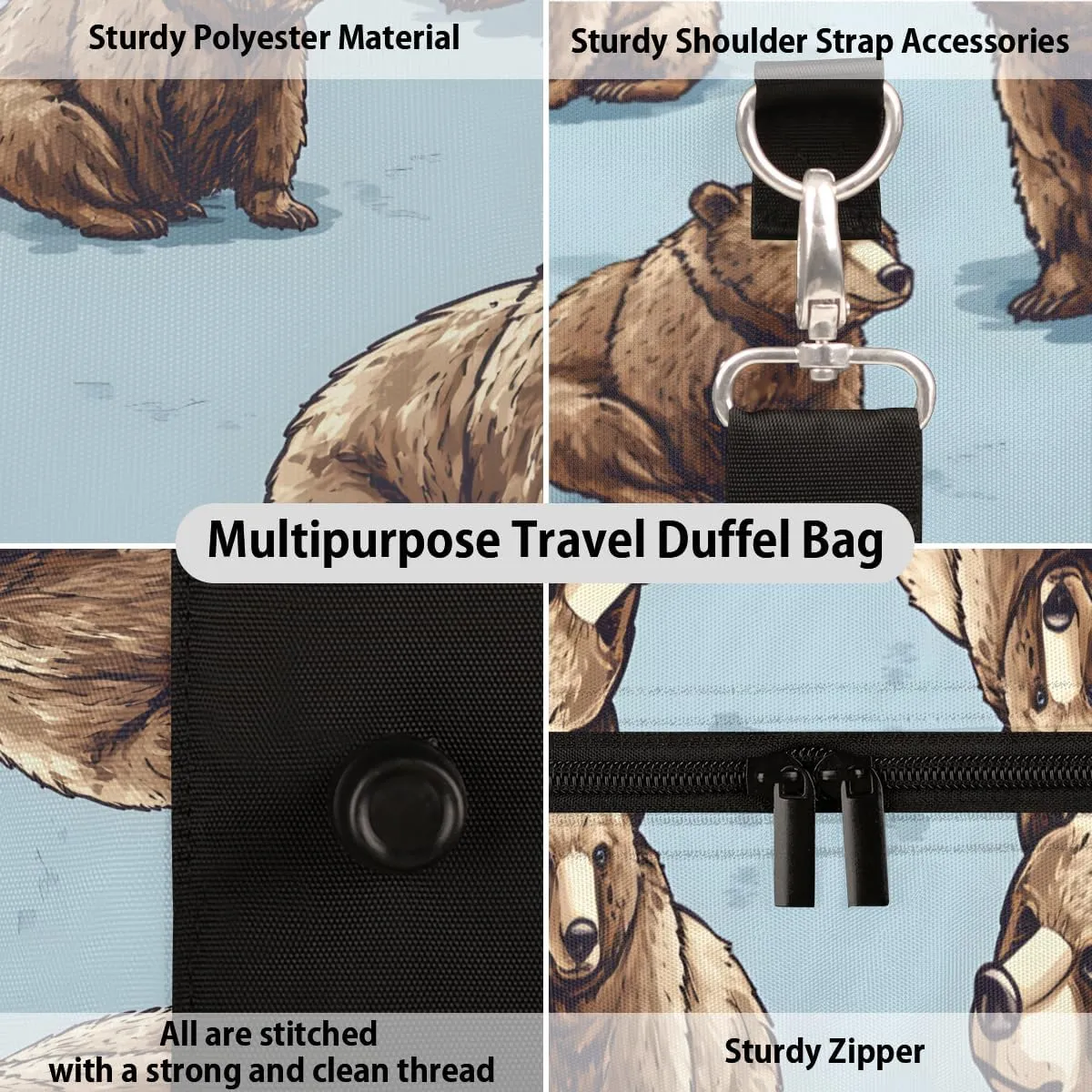 Rustic Travel Duffle Bag for Women Men Gym Duffel Foldable Bag Waterproof Weekender Cute Funny Bear Duffle Tote