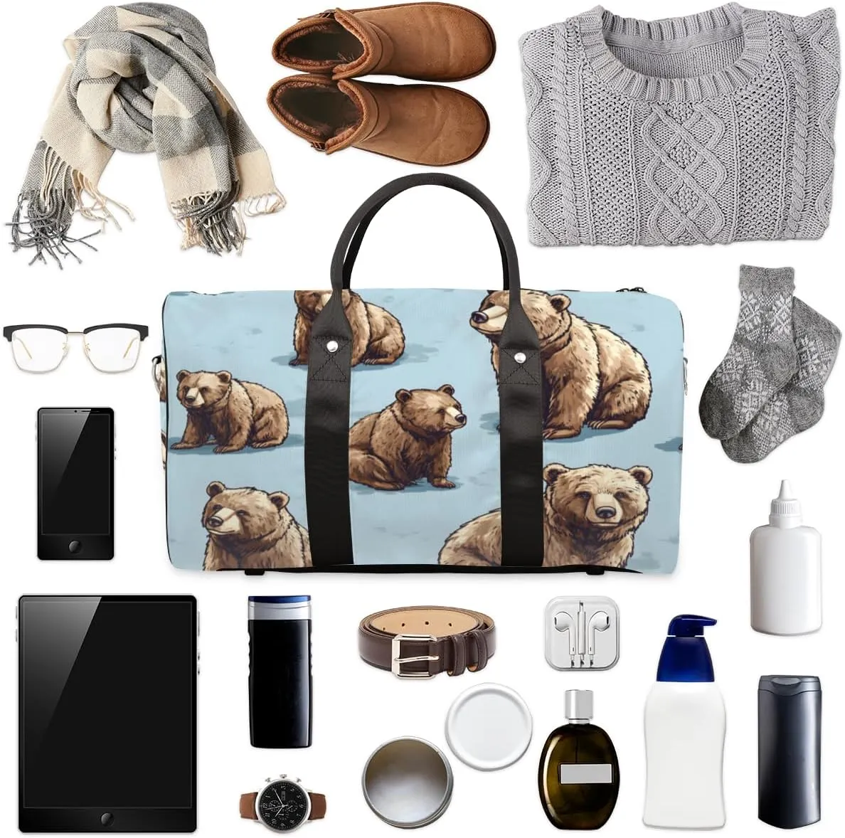 Rustic Travel Duffle Bag for Women Men Gym Duffel Foldable Bag Waterproof Weekender Cute Funny Bear Duffle Tote