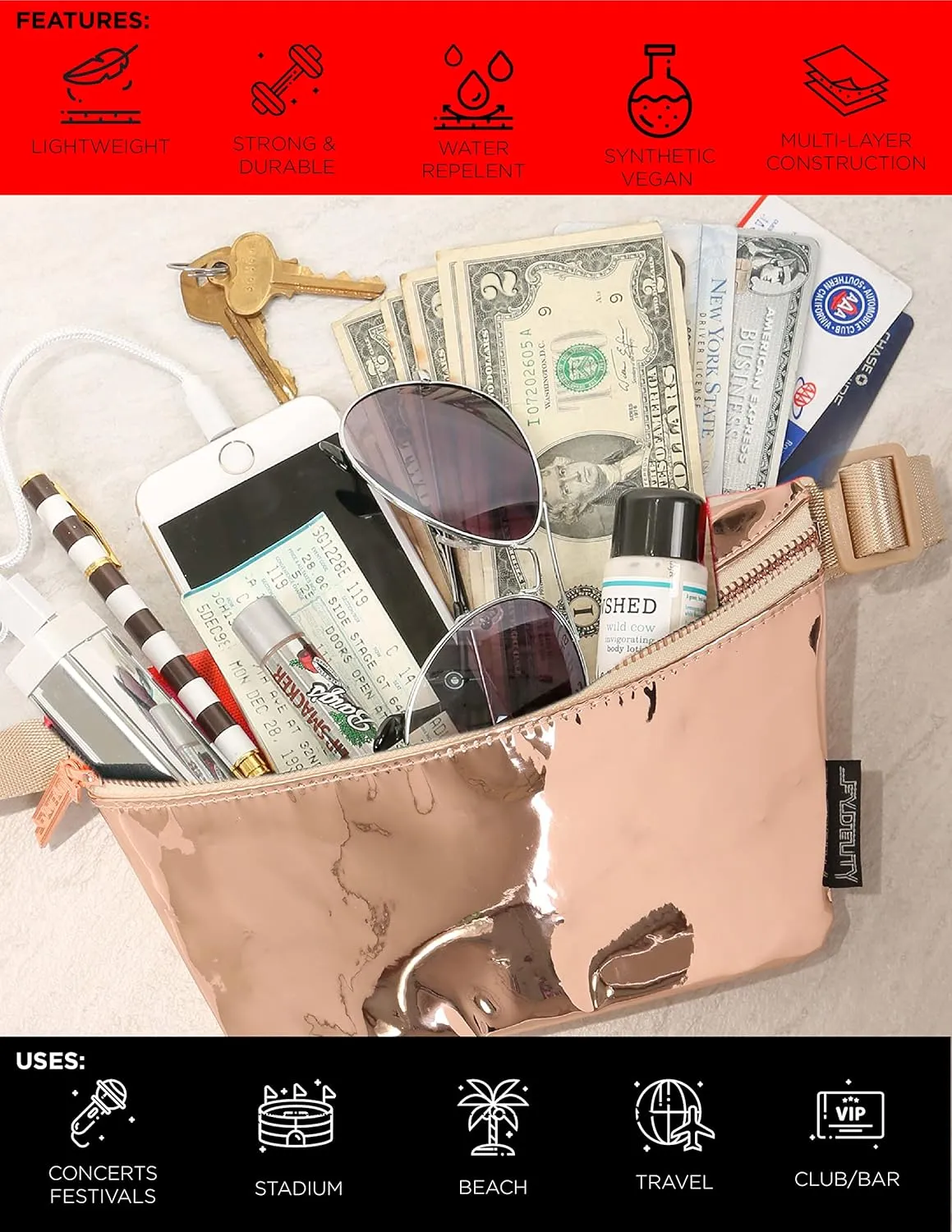 Small Fanny Packs for Women  80s/90s Slim Bum Bag  Unisex Crossbody Waist Belt Bag for Travel, Festivals, Sports & Daily Use  Waist Belt Bag for Women | Mirror Rose Gold