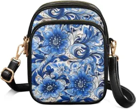 Small Leather Crossbody Bag for Women, Leaf Flowers PU Leather Cell Phone Purse Handbag with Adjustable Strap