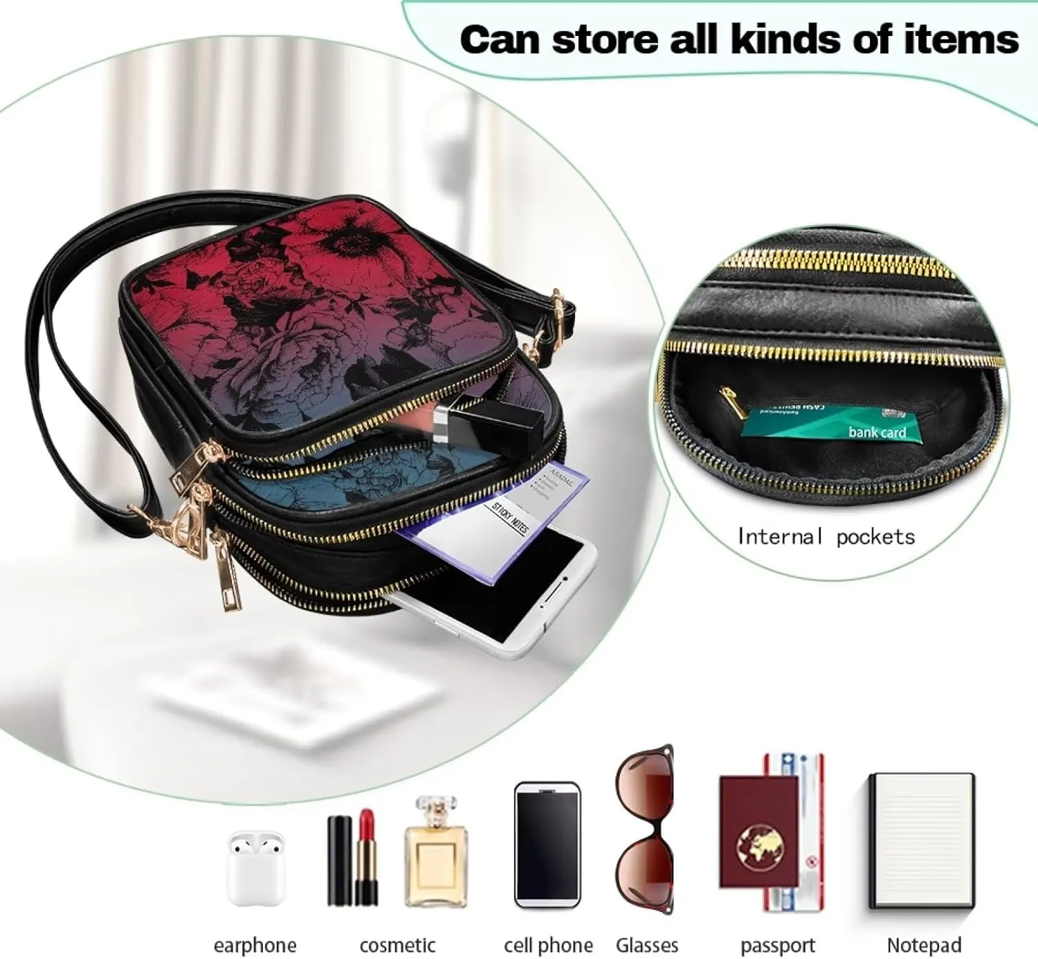 Small Leather Crossbody Bag for Women, Leaf Flowers PU Leather Cell Phone Purse Handbag with Adjustable Strap