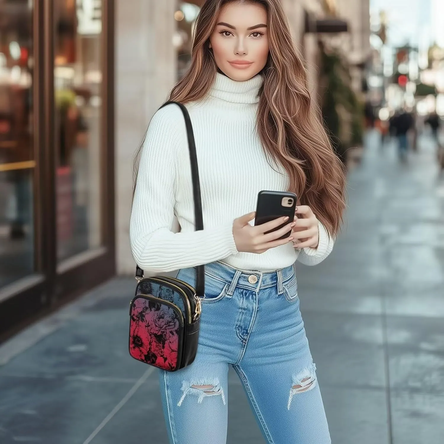 Small Leather Crossbody Bag for Women, Leaf Flowers PU Leather Cell Phone Purse Handbag with Adjustable Strap