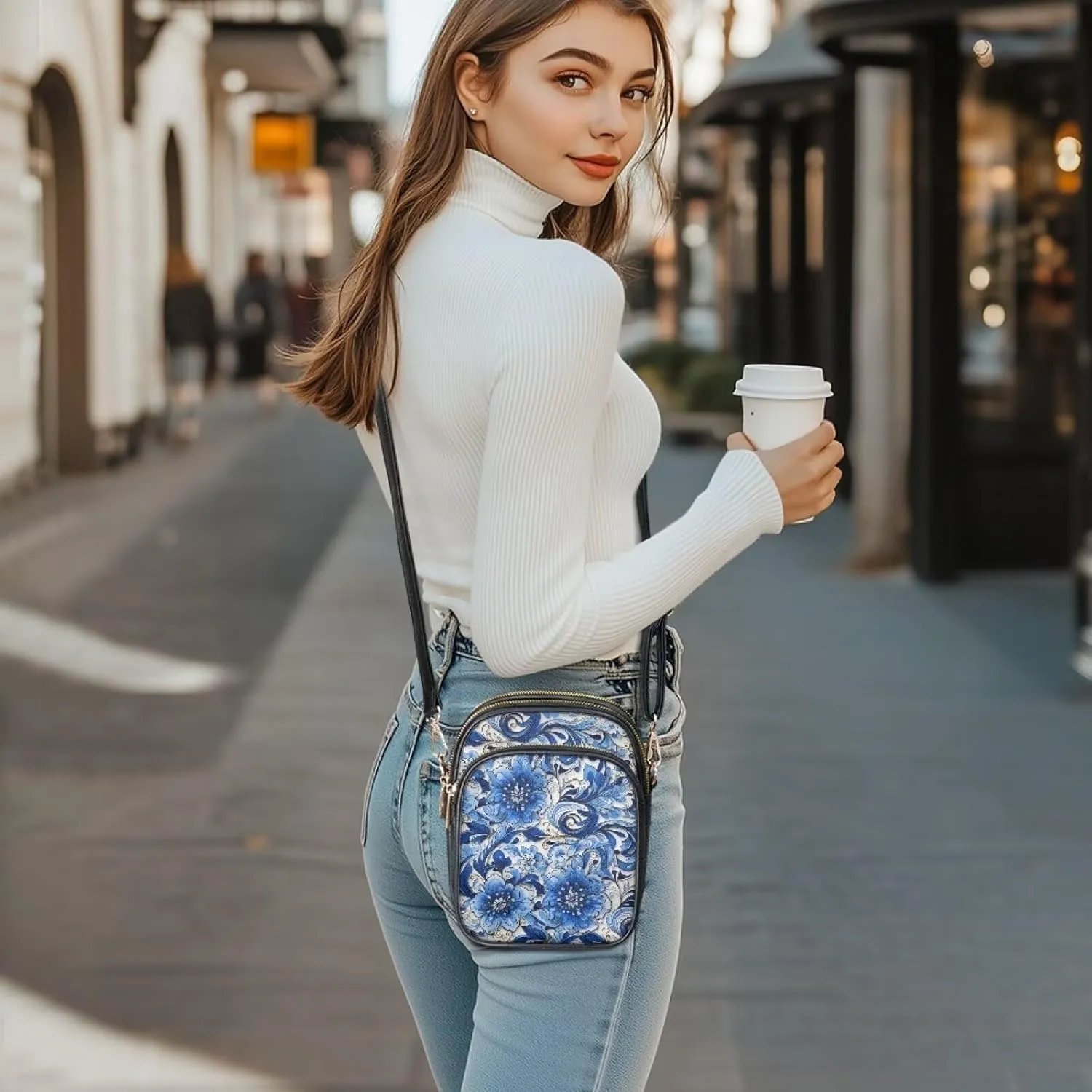 Small Leather Crossbody Bag for Women, Leaf Flowers PU Leather Cell Phone Purse Handbag with Adjustable Strap