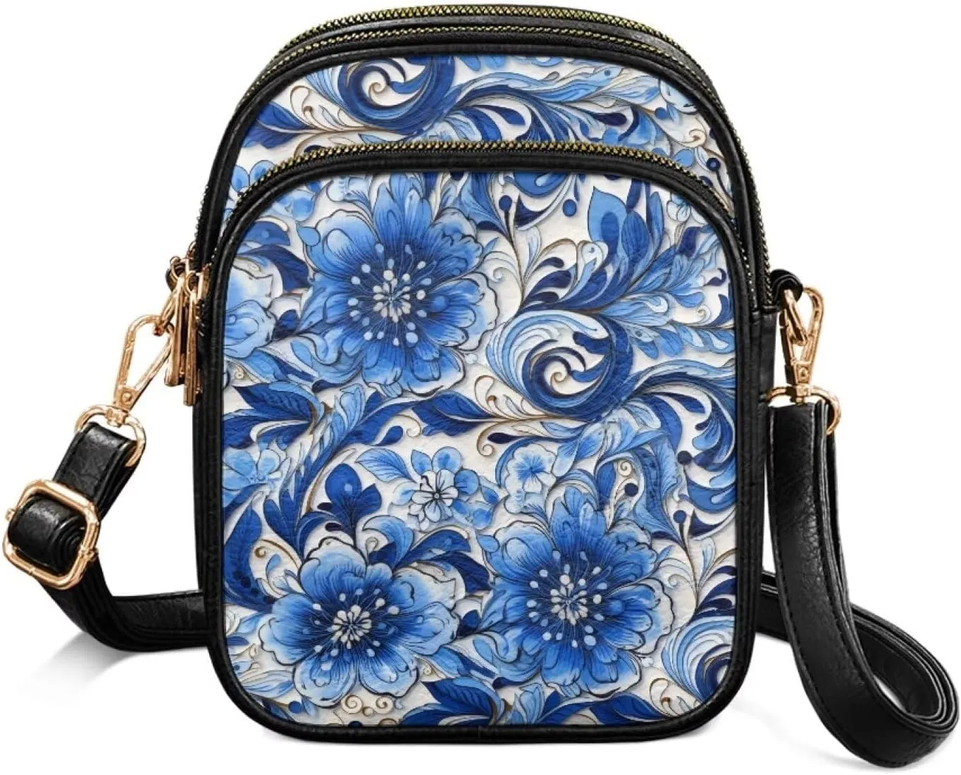 Small Leather Crossbody Bag for Women, Leaf Flowers PU Leather Cell Phone Purse Handbag with Adjustable Strap