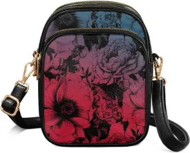 Small Leather Crossbody Bag for Women, Leaf Flowers PU Leather Cell Phone Purse Handbag with Adjustable Strap