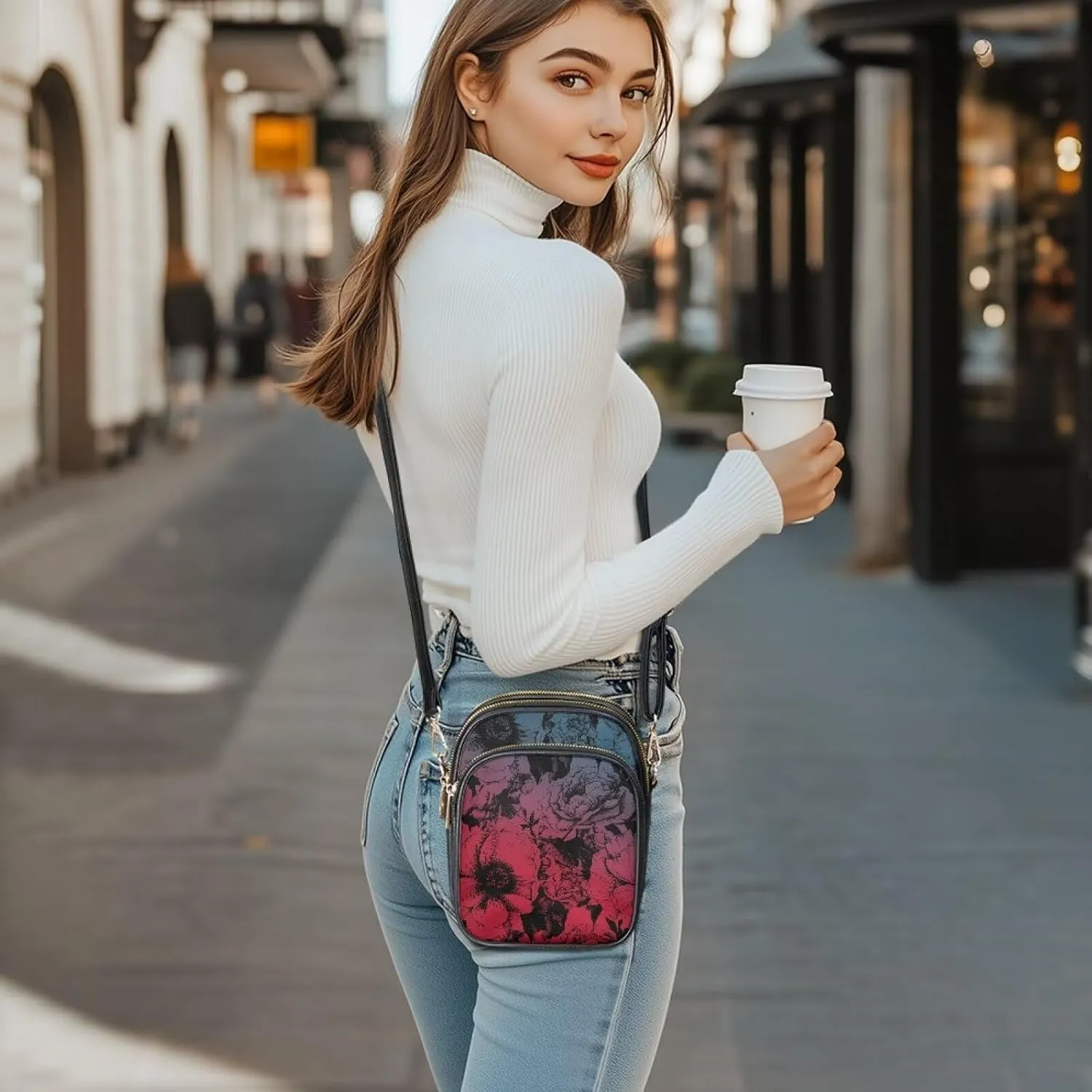 Small Leather Crossbody Bag for Women, Leaf Flowers PU Leather Cell Phone Purse Handbag with Adjustable Strap
