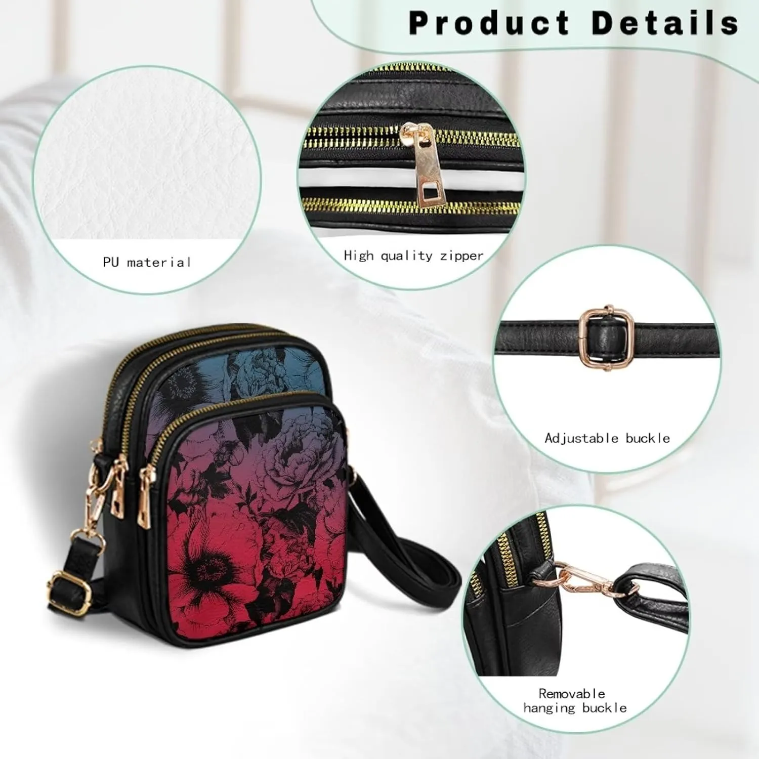 Small Leather Crossbody Bag for Women, Leaf Flowers PU Leather Cell Phone Purse Handbag with Adjustable Strap