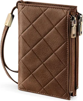 Small Wallet for Women RFID Blocking Leather Trifold Compact Ladies Wristlet Card Wallets with Dual Zipper Coin Pocket ID Window