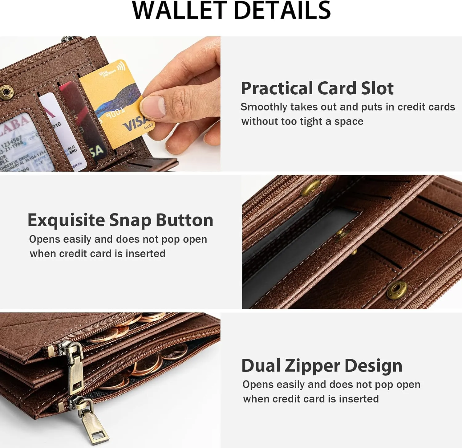 Small Wallet for Women RFID Blocking Leather Trifold Compact Ladies Wristlet Card Wallets with Dual Zipper Coin Pocket ID Window
