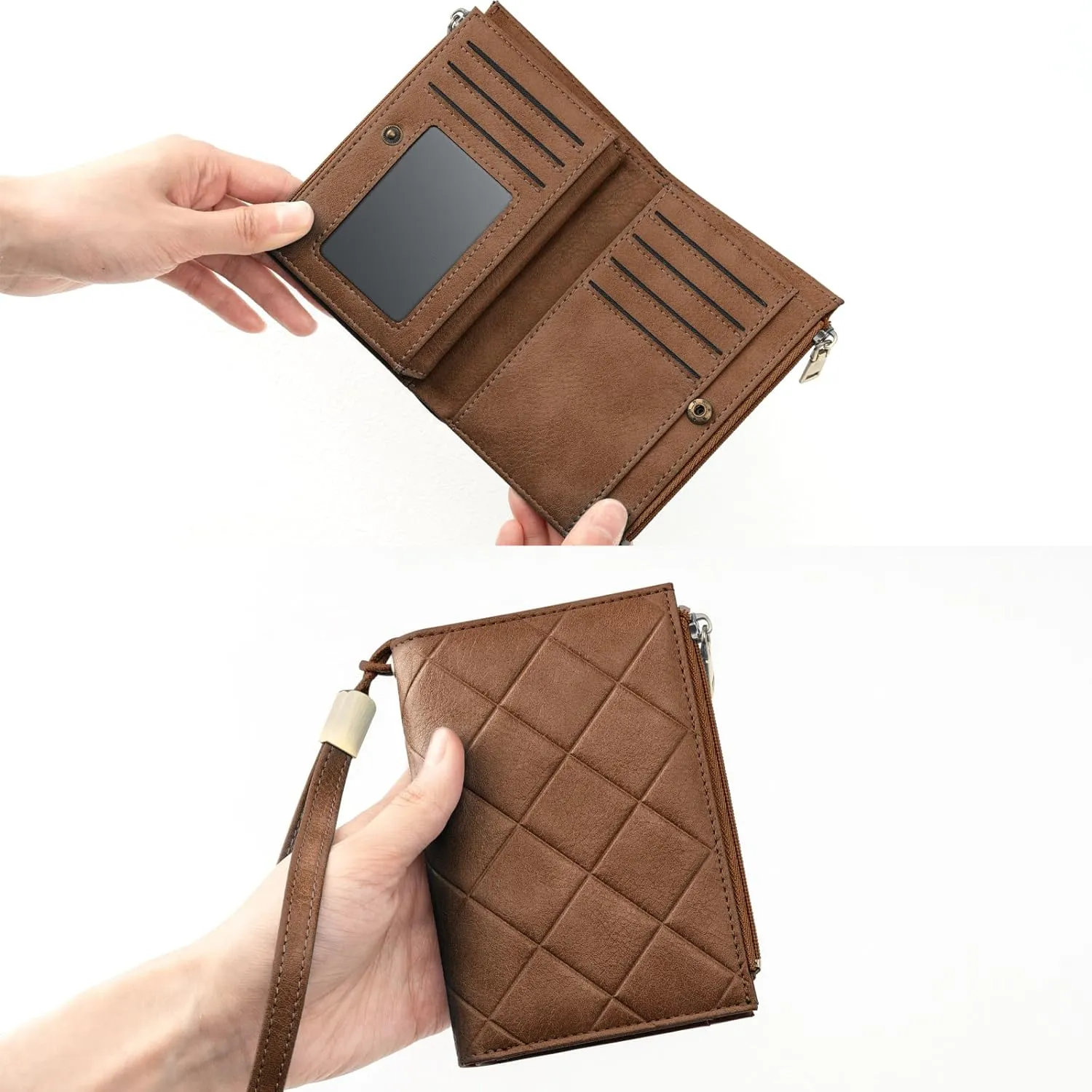 Small Wallet for Women RFID Blocking Leather Trifold Compact Ladies Wristlet Card Wallets with Dual Zipper Coin Pocket ID Window