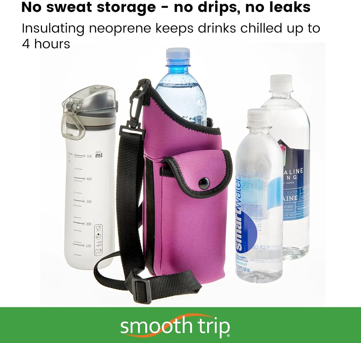 Smooth Trip AquaPockets Water Bottle Holder - Insulating Neoprene Sling Bag With Phone Pouch and Adjustable Strap for Walking and Hiking - Fits up to 32 oz. Bottles