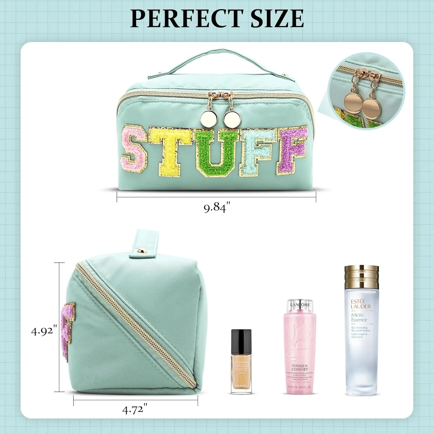 Stoney Clover Preppy Large Capacity Travel Cosmetic Bag, Chenille Letter Open Flat Nylon Stuff Makeup Bag, Preppy Patch Better Belt Everything, Green