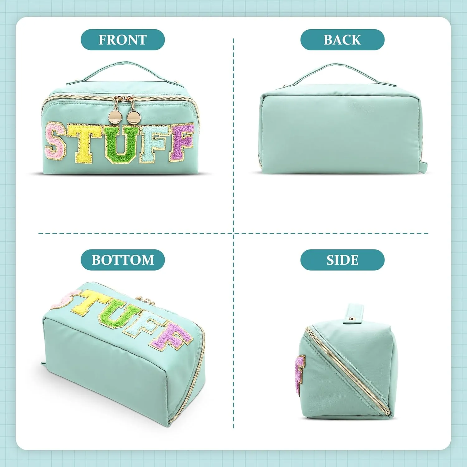 Stoney Clover Preppy Large Capacity Travel Cosmetic Bag, Chenille Letter Open Flat Nylon Stuff Makeup Bag, Preppy Patch Better Belt Everything, Green