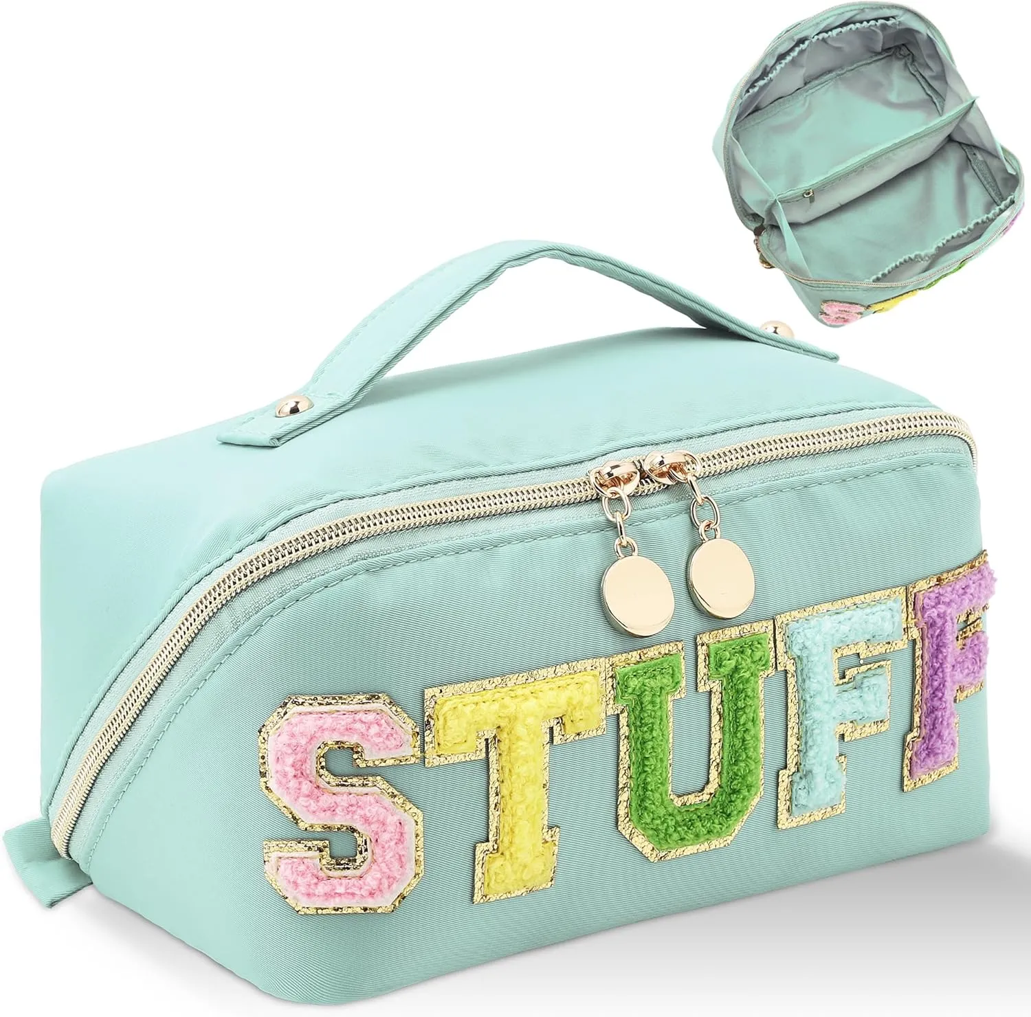 Stoney Clover Preppy Large Capacity Travel Cosmetic Bag, Chenille Letter Open Flat Nylon Stuff Makeup Bag, Preppy Patch Better Belt Everything, Green