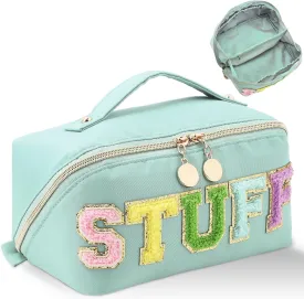 Stoney Clover Preppy Large Capacity Travel Cosmetic Bag, Chenille Letter Open Flat Nylon Stuff Makeup Bag, Preppy Patch Better Belt Everything, Green