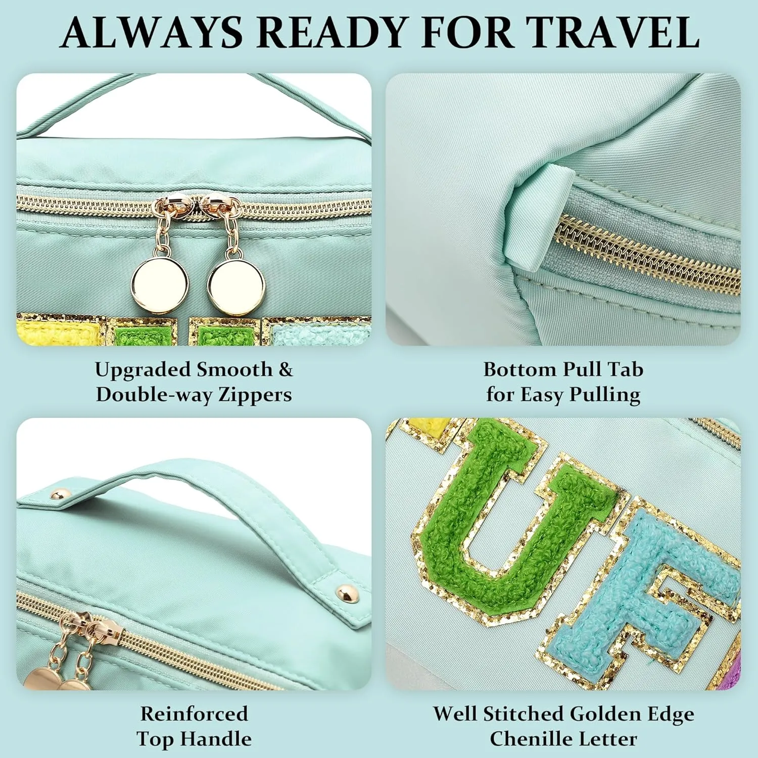 Stoney Clover Preppy Large Capacity Travel Cosmetic Bag, Chenille Letter Open Flat Nylon Stuff Makeup Bag, Preppy Patch Better Belt Everything, Green
