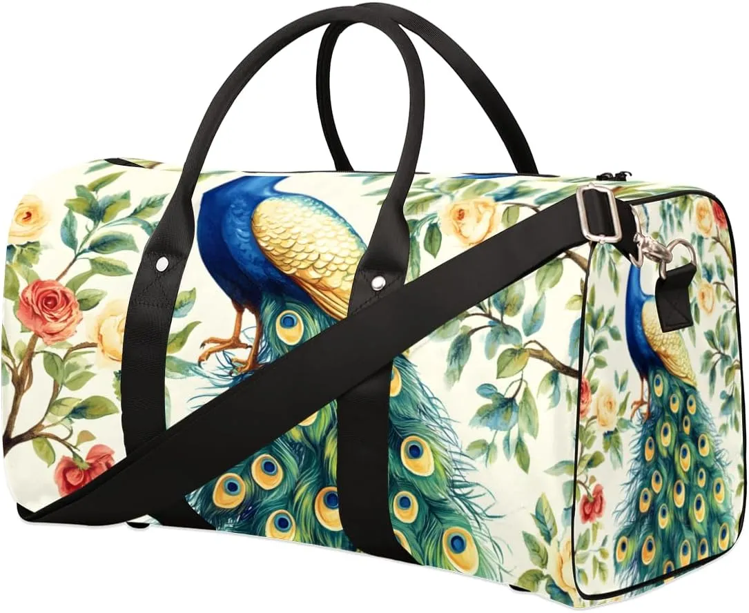 Teal Peacock Travel Duffle Bag for Women Men Gym Duffel Foldable Bag Waterproof Weekender Flowers Birds Duffle Tote