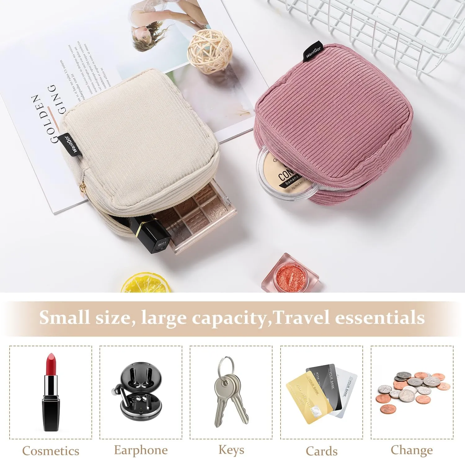 WantGor Small Corduroy Makeup Bag, Mini Cosmetic Storage Bags Coin Purse Zipper Pouch Travel Cosmetic Bag Lipstick Hair Accessories Organizers for Women (Beige)