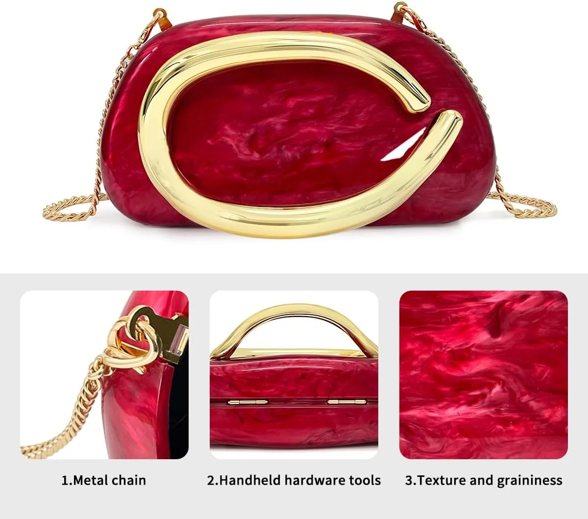 Women Acrylic Clutch Purse Metal Handle Evening Bag Trendy Box Shoulder Crossbody Bag Handbag for Wedding Party Causal