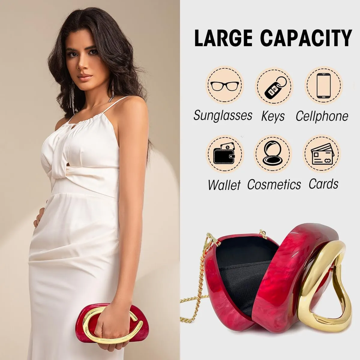 Women Acrylic Clutch Purse Metal Handle Evening Bag Trendy Box Shoulder Crossbody Bag Handbag for Wedding Party Causal