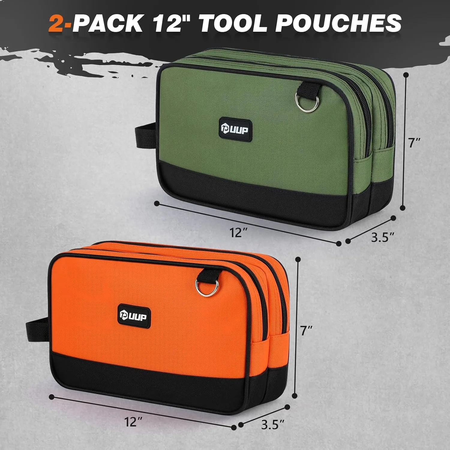 Zipper Tool Pouch 2 Pack, Two Compartments Small Tool Bag, 12 inch Utility ToolBag with Carrying Handle, Tools Storage Organizer for Electrician Mechanic, Dad Mens Gifts, Orange/Green